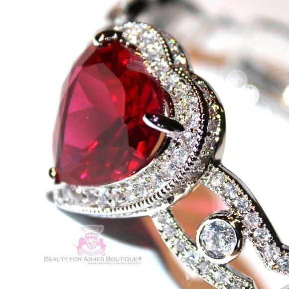 Ruby Red Prophets Heart Valentines Day Love Cuff Cubic Zirconia CZ Bracelet 7.5" - Picture 3 of 7